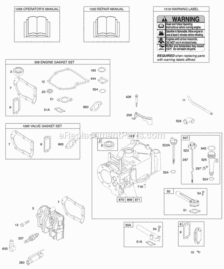 Cylinder Cylinder Head Gasket Set - Engine Gasket Set - Valve Lubrication OperatorS Manual Warning Label Diagram and Parts List for 098902-2069-B1  Briggs and Stratton Engine